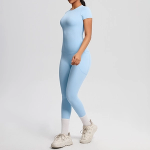 Baby blue yoga set with slim fit short sleeve top and high waist leggings with side pockets