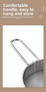 Detail of 304 stainless steel fine mesh sifter with integrated hollow hanging handle