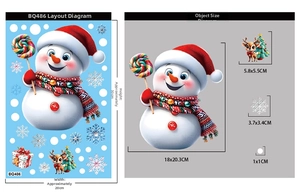 Detailed size specifications for Christmas window stickers with snowman and deer patterns