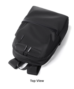 Top detail of black laptop backpack with reinforced handle and dual zipper closure