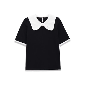 Women Peter Pan Collar Knitted T-Shirt Contrast Color Bow Tie Short Sleeve Casual Top