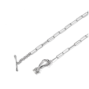 Minimalist 925 sterling silver paperclip chain necklace with OT buckle and square zircon