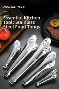 Close-up of 304 stainless steel food tongs with hollow drainage holes and varied sizes