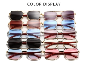 Color display of retro square pilot sunglasses with wood grain temples in various lenses