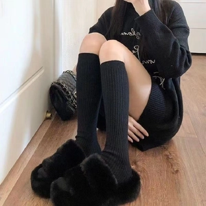 Winter striped knee high socks and plush slippers set for women in elegant black