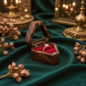 Hexagon Walnut Wood Ring Box With Velvet Lining And Clear Window Portable Magnetic Jewelry Storage For Wedding Proposal