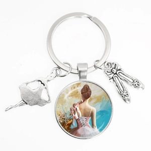 Artistic Ballet Dancer Keychain Zinc Alloy Glass Cabochon Ballerina Silhouette Pointe Shoes Charms Bag Pendant Gift