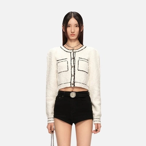 Women's white tweed jacket with black trim and round neck in a slim cropped fit