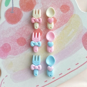 Miniature pink and blue resin fork and spoon set with bow and heart charms for DIY crafts