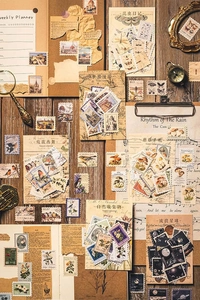 Detailed retro botanical and insect stamp stickers on vintage wooden background
