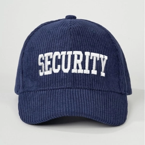Navy corduroy baseball cap featuring white Security embroidery and adjustable strap
