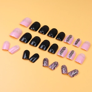 Pink leopard and black glitter press-on nails set with 24 pieces of glossy finish