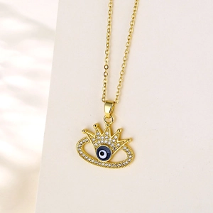 Evil Eye Crown Pendant Necklace Gold Plated Copper Stainless Steel Chain Rhinestone Zircon Jewelry For Women