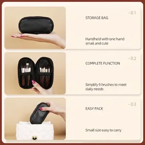 Set di 9 mini pennelli per il trucco in custodia di pelle nera per il viaggio