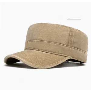 Detail view of khaki cotton cadet hat with washed finish and reinforced stitching