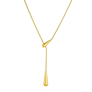 Minimalist golden stainless steel Y-chain necklace with sleek metallic teardrop pendants