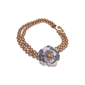 Vintage double-layer pearl necklace with a detailed enamel flower pendant and crystals