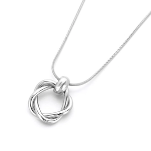 Elegant silver snake chain necklace with a minimalist intertwined double-ring pendant