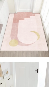 Abstract geometric pink and beige entryway rug with anti-slip texture and waterproof surface