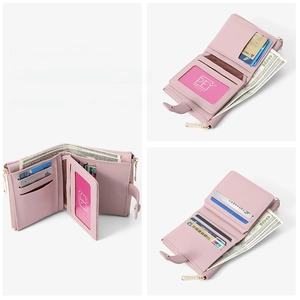 Pink PU leather short folding wallet with 13 card slots and internal zipper pockets