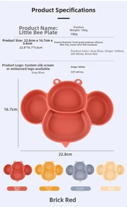 Specifications of the bee silicone suction plate for kids showing sizes and materials