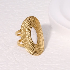 Macro detail of vintage 18K gold-plated ring with oval shell inlay and double bands