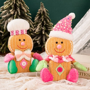 Christmas Gingerbread Man Plush Doll Square Corduroy Knit Sequin Hat Ornament Holiday Party Home Desktop Decoration