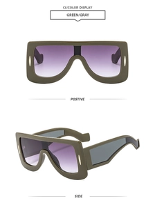Detailed views of olive green futuristic oversized sunglasses with purple gradient lenses