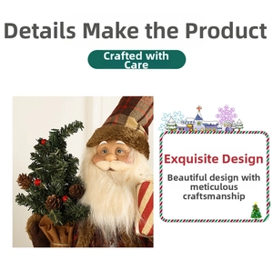 Detailed view of Santa doll holding a mini Christmas tree and a striped gift box