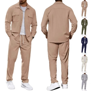 Men's casual khaki two-piece set featuring textured lapel jacket and straight trousers