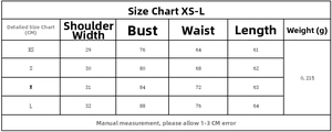 Size chart for sleeveless double-breasted top showing XS to L measurements in centimeters
