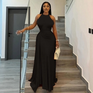 Sleeveless black maxi dress with halter neckline and waist ruching details