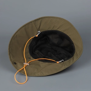 Olive green outdoor nylon hiking bucket hat with orange windproof cord and mesh lining
