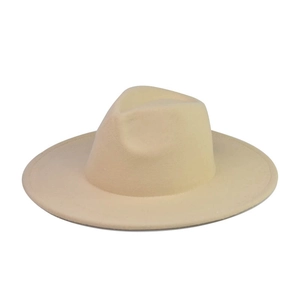 Detail view of beige wool felt fedora hat featuring a classic flat brim and metal chain trim