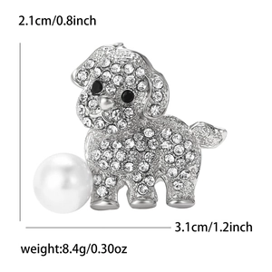 Exquisite silver puppy brooch with white crystals, pearl accent, and size measurements