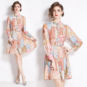 Retro Patchwork Print Long Sleeve Dress Stand Collar Single Breasted Elegant Bohemian Slimming With Belt For Women