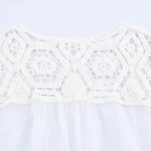 Elegant white French style blouse featuring hollow crochet lace neckline and long sleeves