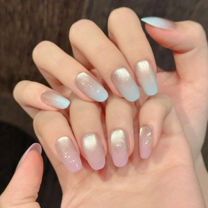 Cat Eye Press On Nails Gradient Pink Blue Glitter Oval Shaped Artificial Manicure Reusable Elegant False Nails