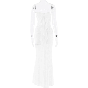 Back view of white lace maxi dress with large decorative bow and fishtail skirt