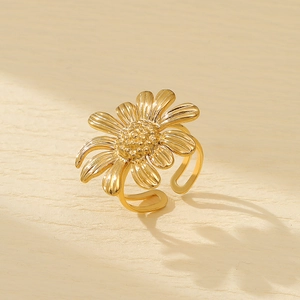 Elegant gold flower ring with layered petals and adjustable open band for women