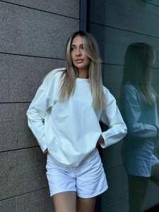 T-Shirt Da Donna A Maniche Lunghe Puro Cotone Ampio Girocollo Casual Minimalista Top Tinta Unita