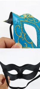 Detailed view of 3D nose bridge and plastic interior of blue masquerade mask