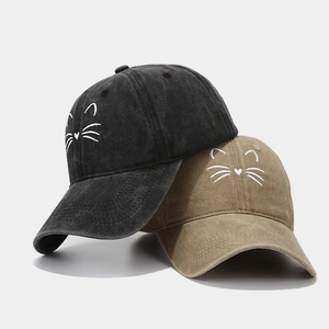 Retro washed cotton baseball caps with cat embroidery in black and khaki colors