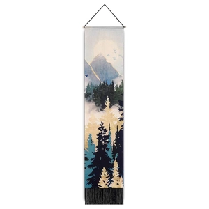 Vertical mountain forest landscape tapestry with golden accents and black tassels
