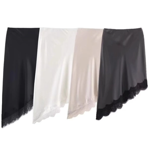 Jupe Mi-Longue En Satin Pour Femmes Ourlet Asymétrique En Dentelle Texture Satin Taille Haute Sexy Mode
