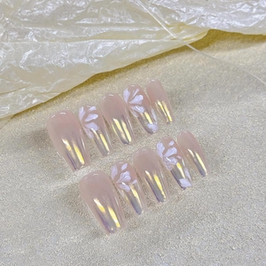 Handmade Press On Nails Aurora Powder Nude Pink Flower Cat Eye Coffin Oval Luxury Reusable Manicure Art For Women