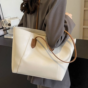 Minimalist off-white large capacity tote bag with brown straps for women office commute