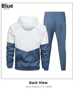 Back view of blue and white color-block hooded tracksuit featuring elastic cuffs and hem