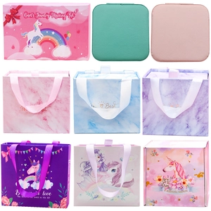 Jewelry Packaging Gift Box Marble Paper Storage Case For Necklace Ring Earring With Ribbon Handle Cartoon Unicorn Pattern