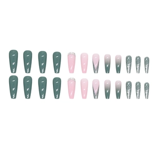 Glossy sage green and silver glitter press-on nails with rhinestone accents set of 24
